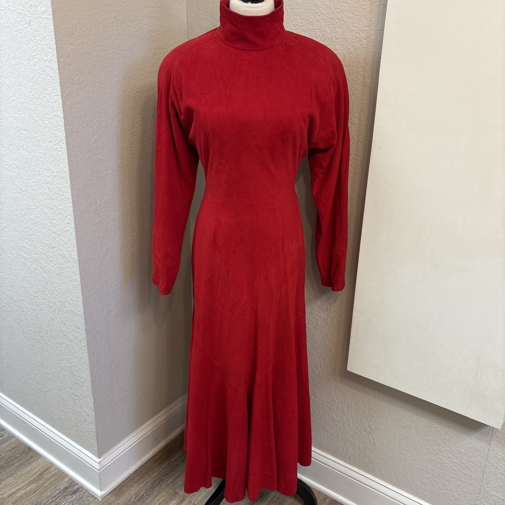 Vakko 80s/90s Red Suede Lambskin Mock Neck Long Sleeve Leather Zipper Dress Sz 6